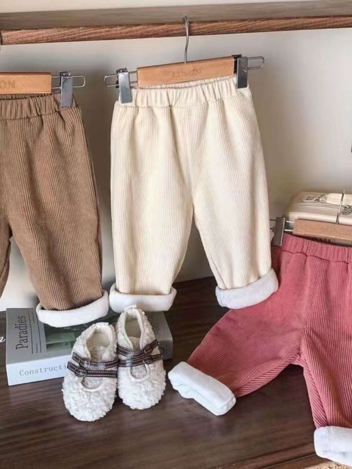 Corduroy Pant Warm - 秋冬フリース裏地付きコーデュロイストレートレッグカジュアルパンツ子供用男の子女の子用暖かい多用途服その他の素材100%