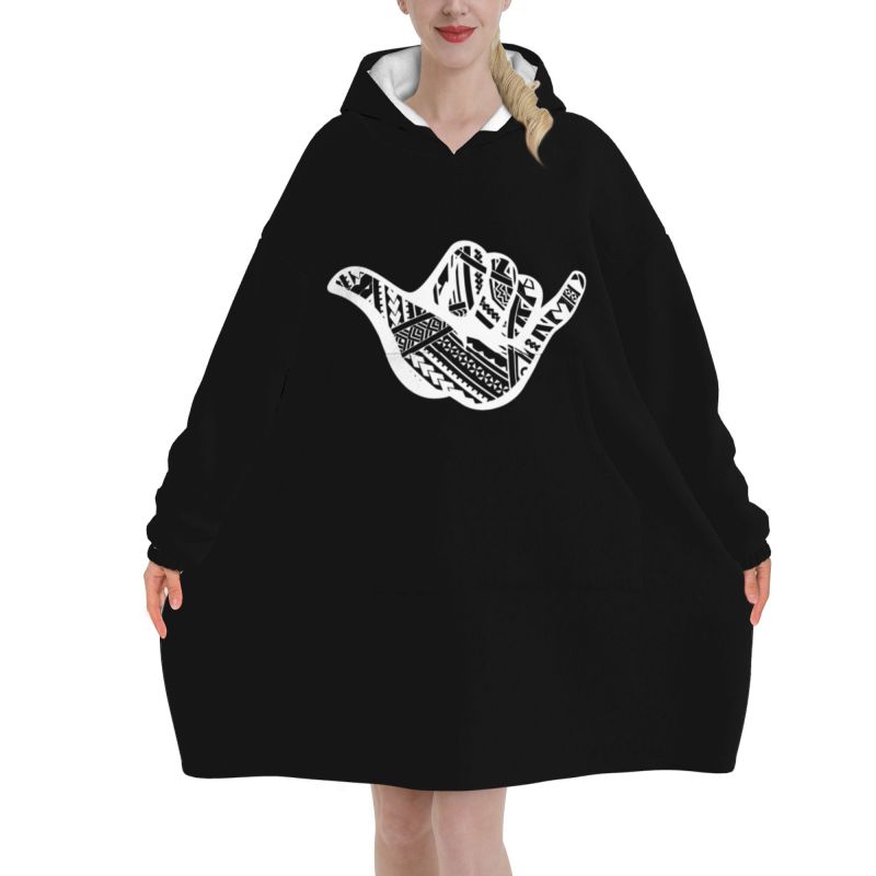 Sherpa Hoodie Fleece - ポリネシアタトゥーシャカ部族柄ブランケットフーディー女性用ウェアラブルオーバーサイズプルオーバー心地よいフリースシェルパブランケットポケット付き