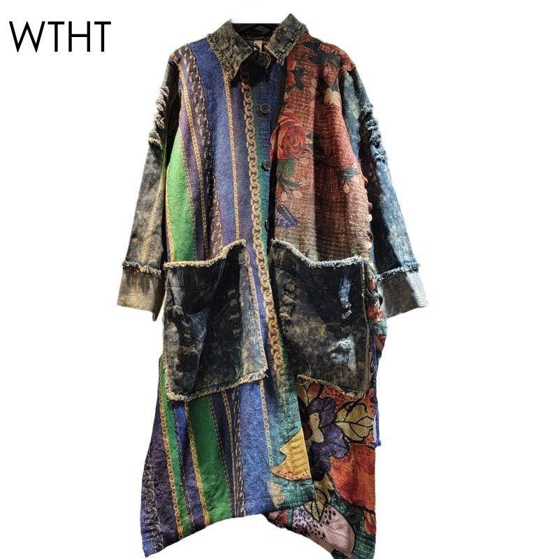 Down Jacket Packable - WTHT-女性用ストライプデニムロングコート,シングルブレストジャケット,大きなポケット,ラペル,トレンディなファッション,1ls214,2023,秋