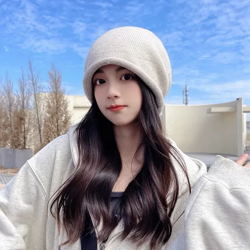 Knit Beanie Hat Warm - ニットボンネットフード女性用冬暖かいゆったりビーニー帽子女性ファッションドローストリングプルオーバー防寒帽子レディース冬用