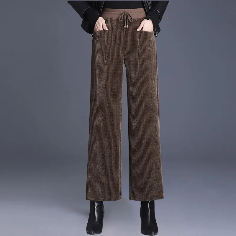 Corduroy Pant Warm - 女性用ワイドレッグコーデュロイパンツ,伸縮性のあるハイウエスト,ストレートパンツ,ウォーム,ブラック,コーヒー,カジュアルファッション,秋冬