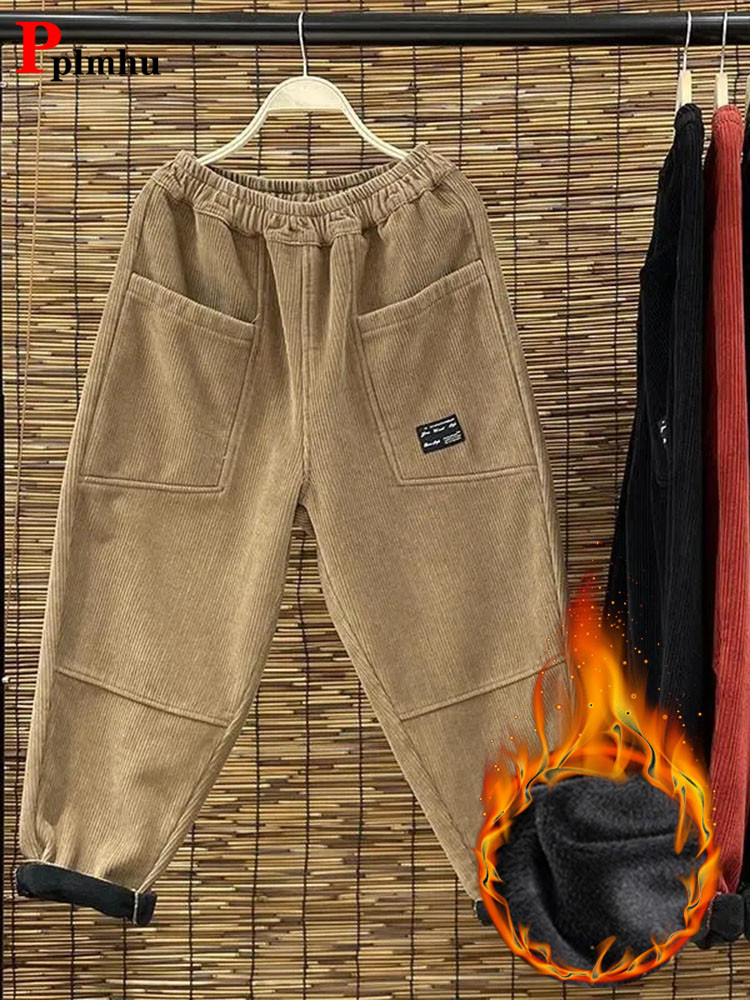 Corduroy Pant Warm - 女性用ハイウエストコーデュロイパンツ,足首までの長さ,カジュアル,ベルベット,ハーレムパンツ,クラシック,暖かい,バギー,厚手,雪
