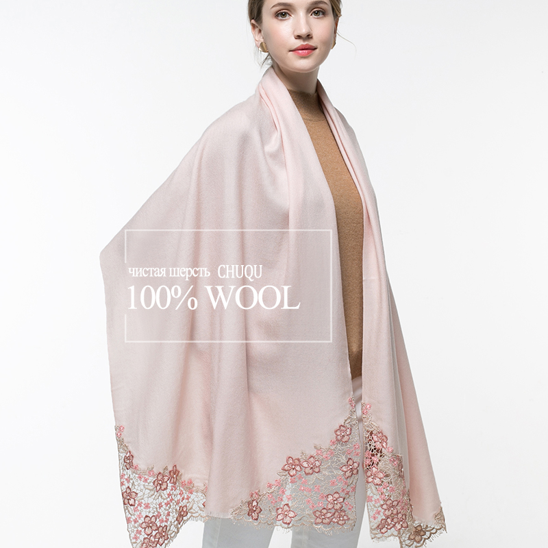 Cashmere Pashmina Wrap - 100% リアルウールピンクスカーフ女性のための冬のファムショールラップ暖かいウールパシュミナ女性のための花刺繍カシミヤスカーフ