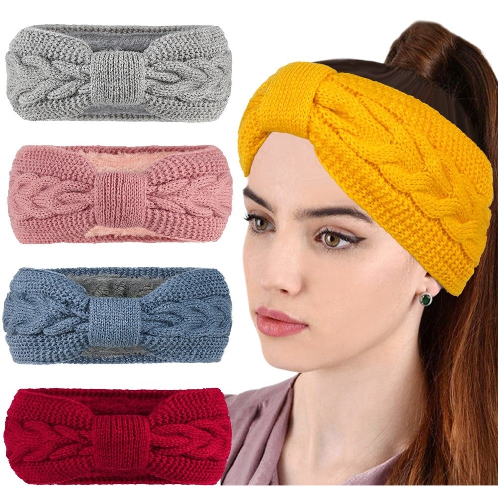 Winter Headband Fleece - 冬ニット女性用ヘッドバンド 厚手フリース裏地付きクロシェターバン 暖かいツイストノットイヤーウォーマー ヘアアクセサリー