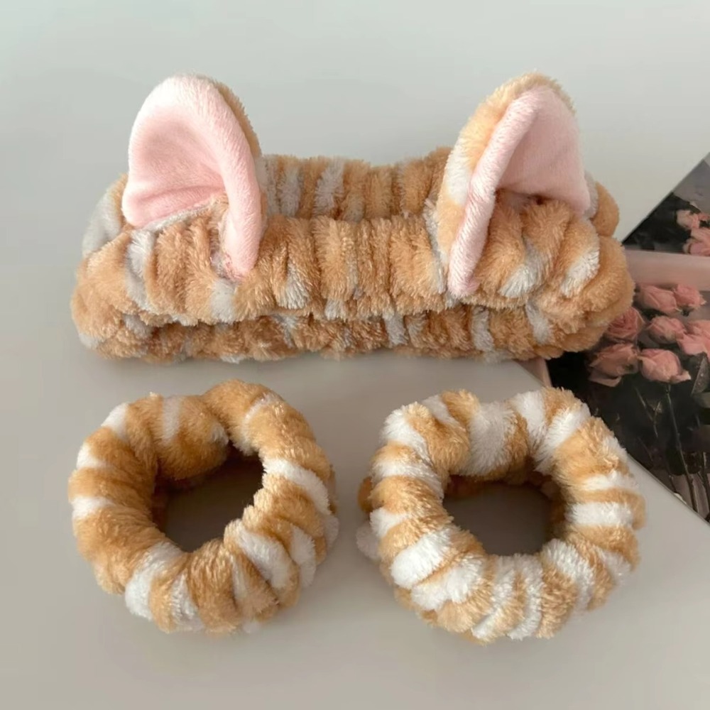 Winter Headband Fleece - 3 ピース/セットヒョウ柄かわいい猫耳ぬいぐるみヘッドバンド弾性ソフトウォッシュフェイスヘッドバンドサンゴフリーススパ洗顔とメイクアップ