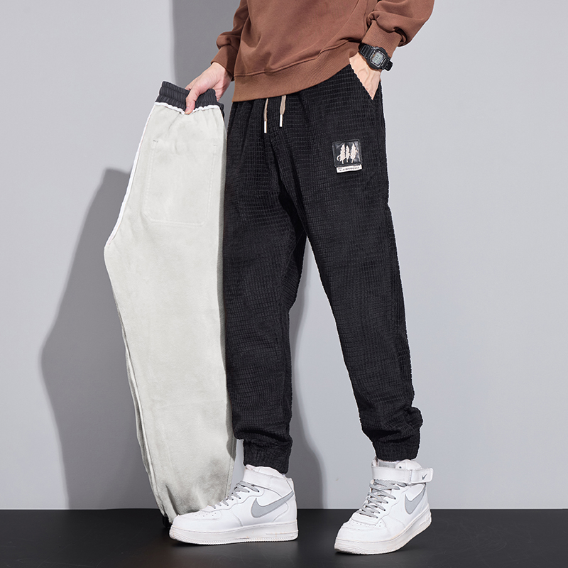 Corduroy Pant Warm - メンズコーデュロイカーゴパンツ,ジョギングパンツ,フリース,厚手の暖かいスウェットパンツ,韓国のファッション,カジュアルなストリートウェア,黒,冬