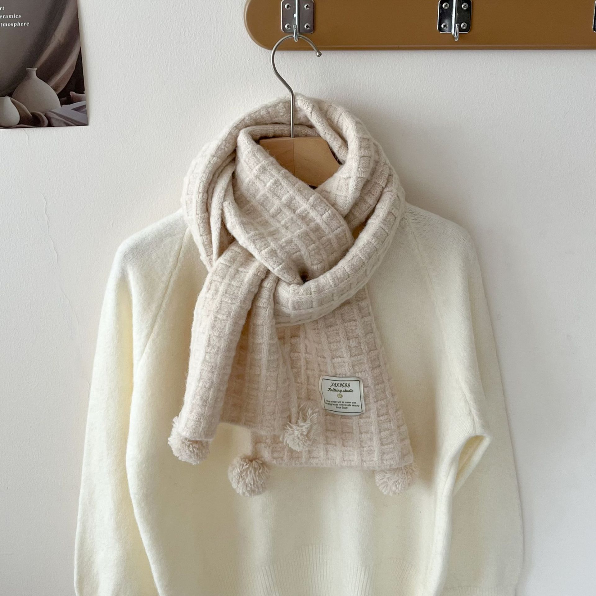 Wool Scarf Men - 冬用ボールワッフル編みウールスカーフ無地男女兼用シニア学生向け厚手暖かい毛玉スカーフ