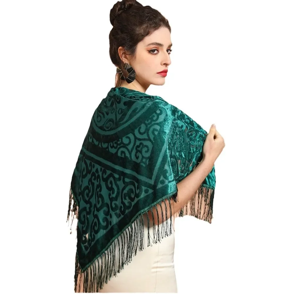 Shawl Wrap Winter - AW25 ベルベット ジャカード ショール タッセル トリム付き