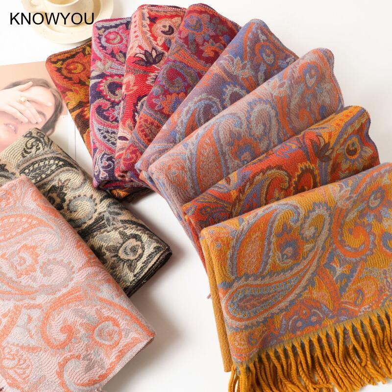 Cashmere Pashmina Wrap - リバーシブルジャカード暖かいカシミヤ混紡レディースヒジャブエスニックスタイルジャカードスカーフペイズリーフォーラードタッセルショールラップパシュミナムスリム