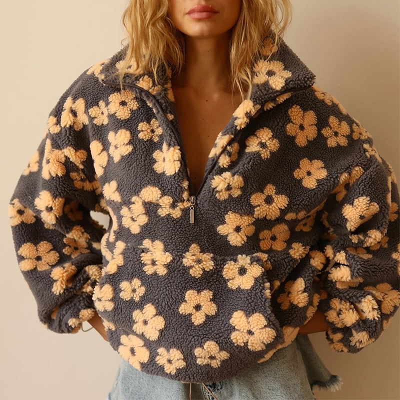 花柄シェルパハーフジッププルオーバー レディース オーバーサ - Sherpa Hoodie Fleece のレビューと価格