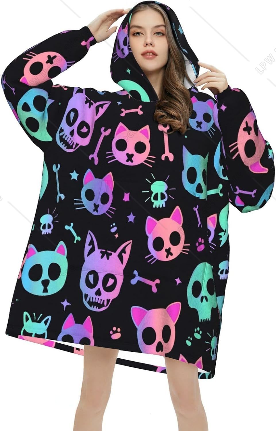 猫の頭蓋骨柄ウェアラブルブランケットパーカー、オーバーサイズ - Sherpa Hoodie Fleece のレビューと価格