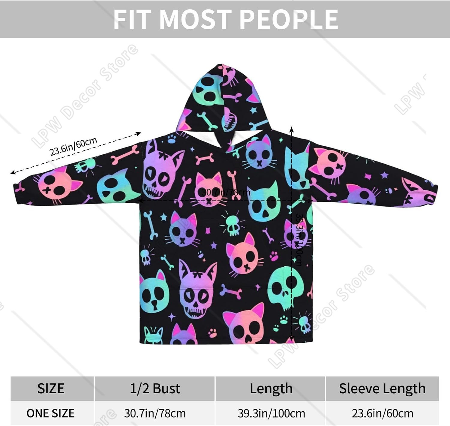 猫の頭蓋骨柄ウェアラブルブランケットパーカー、オーバーサイズ - Sherpa Hoodie Fleece のレビューと価格