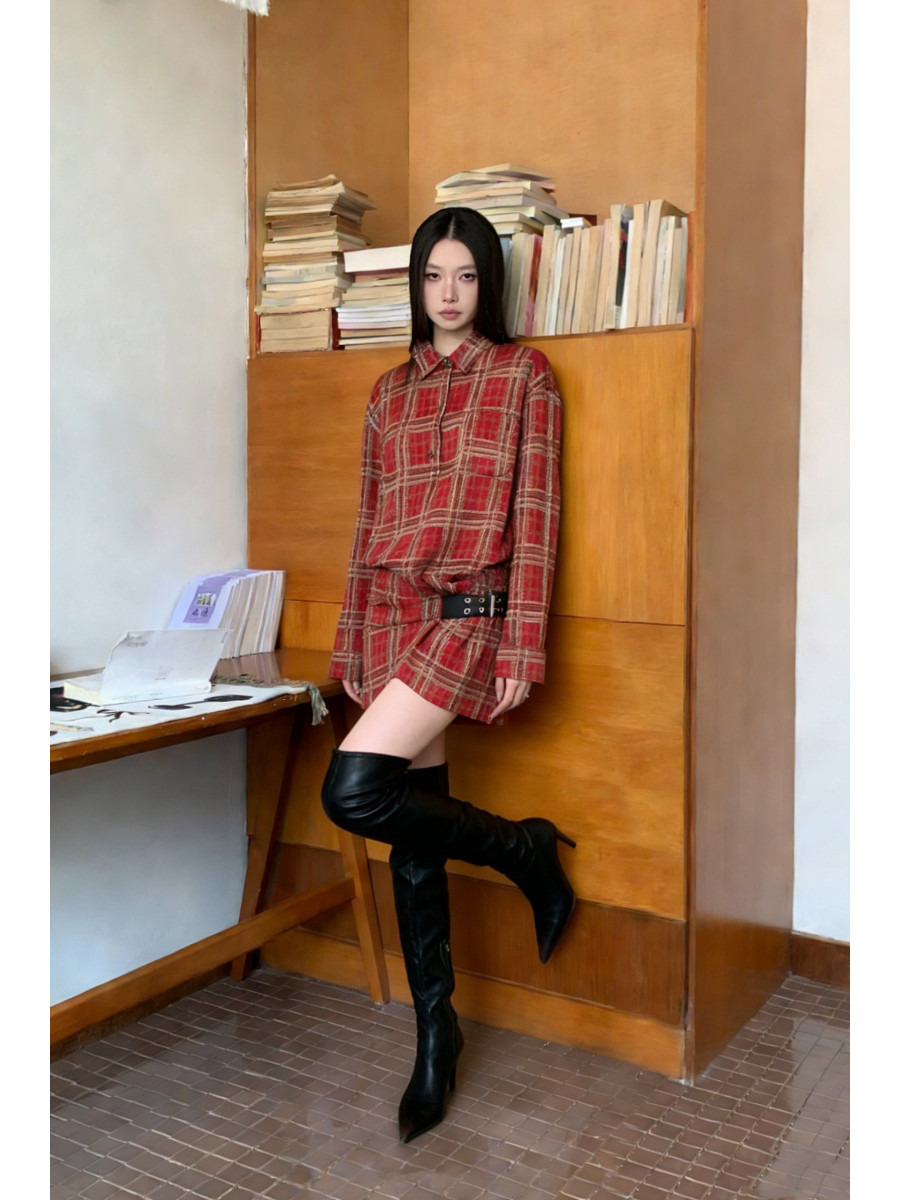 パンクチェック柄フランネルシャツワンピース ベルトバックル付 - Flannel Shirt Lined のレビューと価格
