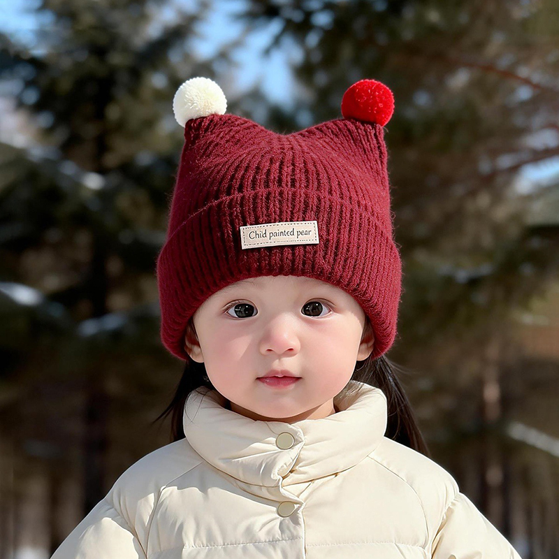 1-4 年ベビーニット帽子かわいいダブルぬいぐるみボールプル - Knit Beanie Hat Warm のレビューと価格