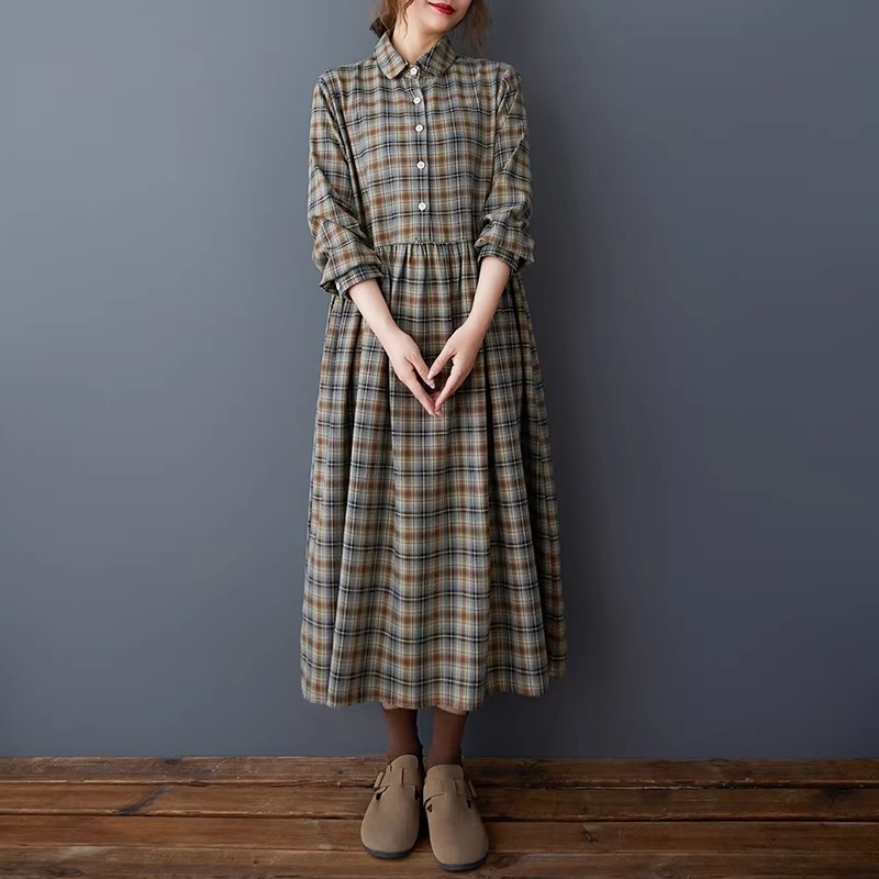韓国風ルーズレトロチェック柄シャツドレス-春用暖かい起毛フラ - Flannel Shirt Lined のレビューと価格